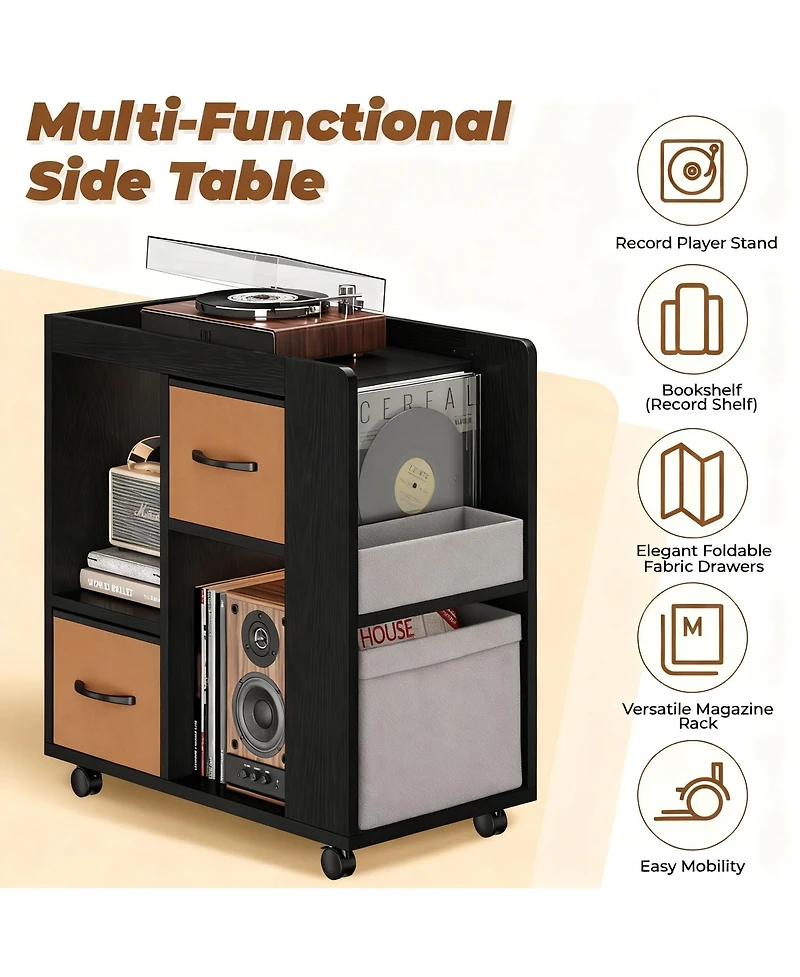 Yigii Rolling Storage Cart with 2 Fabric Drawers & 4 Shelves for Books, Magazines, Records