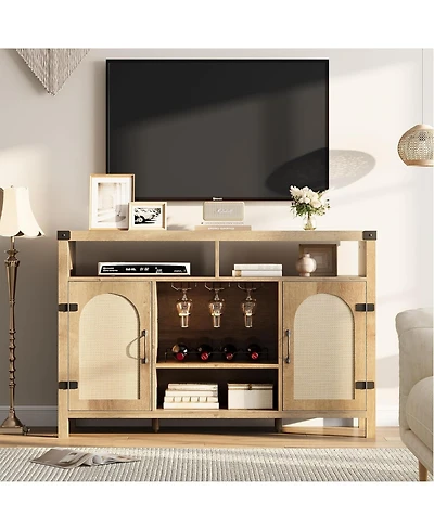 gaomon Farmhouse Wine Bar Cabinet with Rattan Sliding Door 59 Inch Coffee Bar with Wine Rack Adjustable Shelves Sideboard Wood