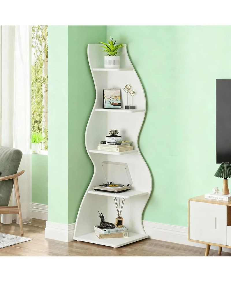 Rainsken 5-Tier Wall Corner Bookshelf, Modern Bookcase Storage Rack with Adjustable Shelves, Unique Shape for Living Room, Home Office