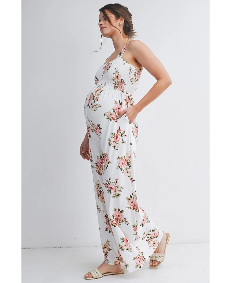Hello Miz Maternity Floral Smocked Square Neck Wide Leg Jumpsuit with Pockets