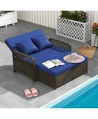 Gymax Patio Rattan Daybed Wicker Loveseat Sofa w/ Multifunctional Ottoman