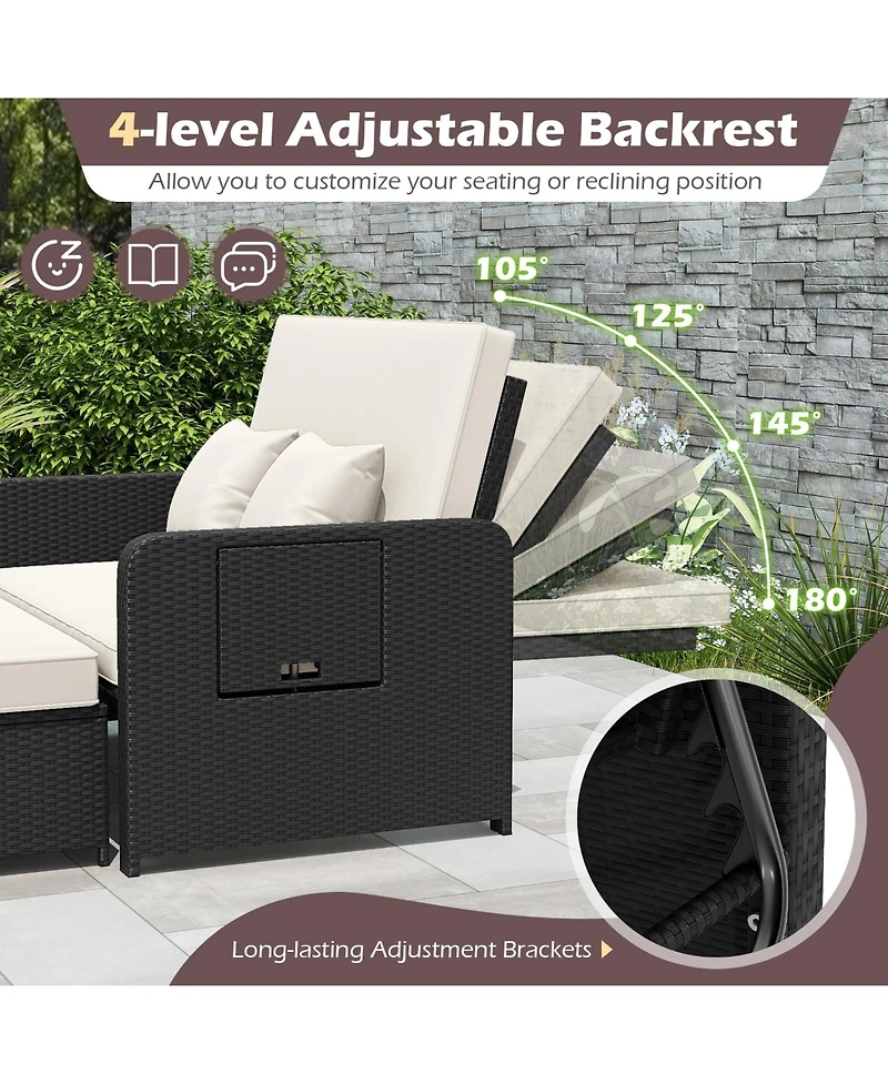 Gymax Set of 2 Pe Wicker Outdoor Daybed w/4-Level Adjustable Backrest Storage Ottoman