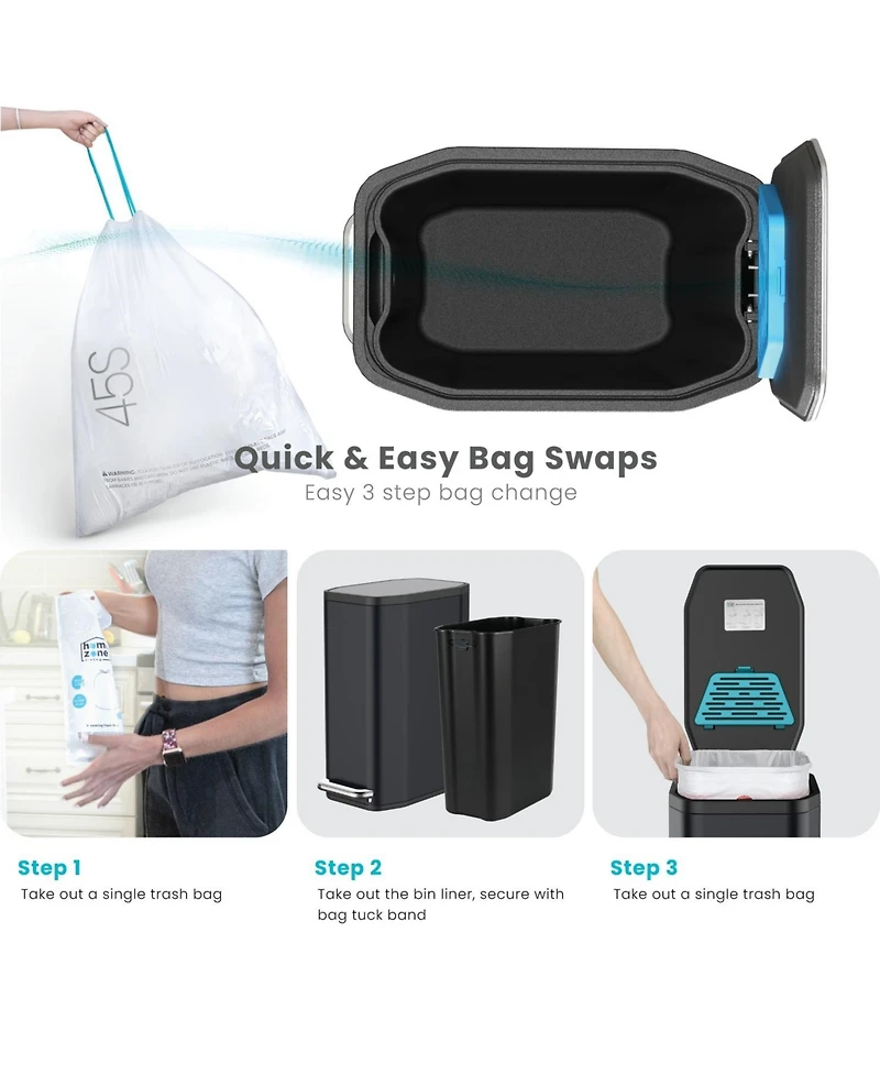 Home Zone Living 13 Gallon Slim Stainless Steel Kitchen Trash Can with CleanAura Odor Control and Soft Close Lid