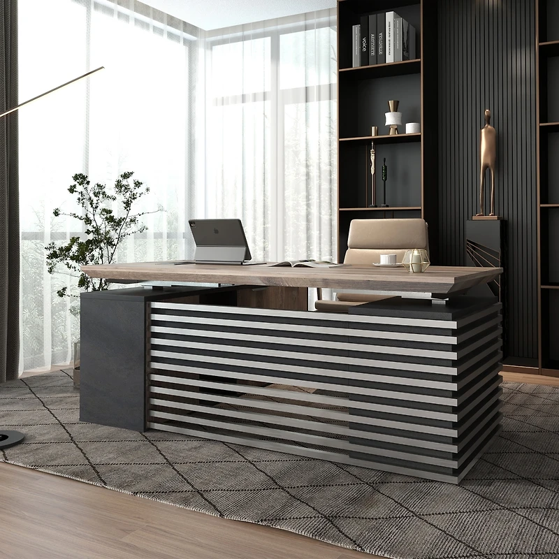 logicfox Adjustable Height L Shaped Executive Standing Desk with Drawers Business Workstation