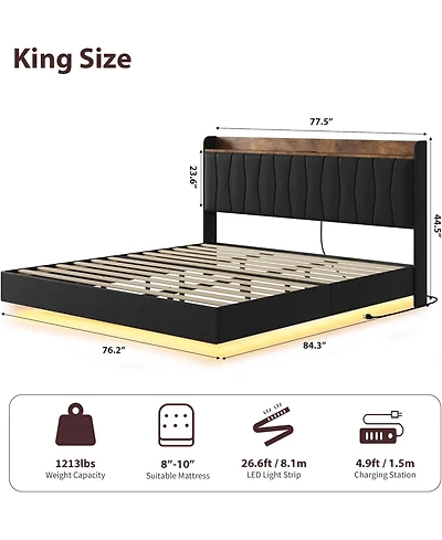 gaomon King Floating Bed Frame with Led and Storage Headboard Upholstered Charging Station No Box Spring