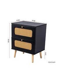 Rainsken 2-Drawers Rattan Nightstand, Handwoven Bedside Table End Table with Solid Wood Legs for Bedroom and Living Room