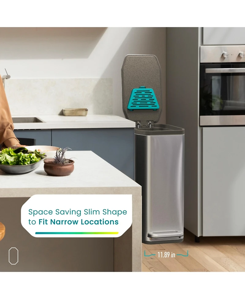 Home Zone Living 13 Gallon Slim Stainless Steel Kitchen Trash Can with Clean Aura Odor Control and Soft Close Lid