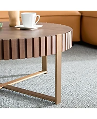 Rainsken Modern Drum Coffee Table, 31.5'' Round Center Table with Fluted Edge and Sturdy Pedestal for Living Room, Office