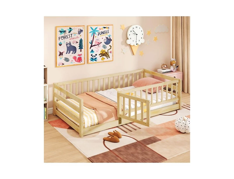 Slickblue Kids Twin Floor Bed with Safety Fence and Playhouse Door - 41