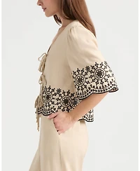 Ellen Tracy Women's 3 Front Tie Embroidered Top