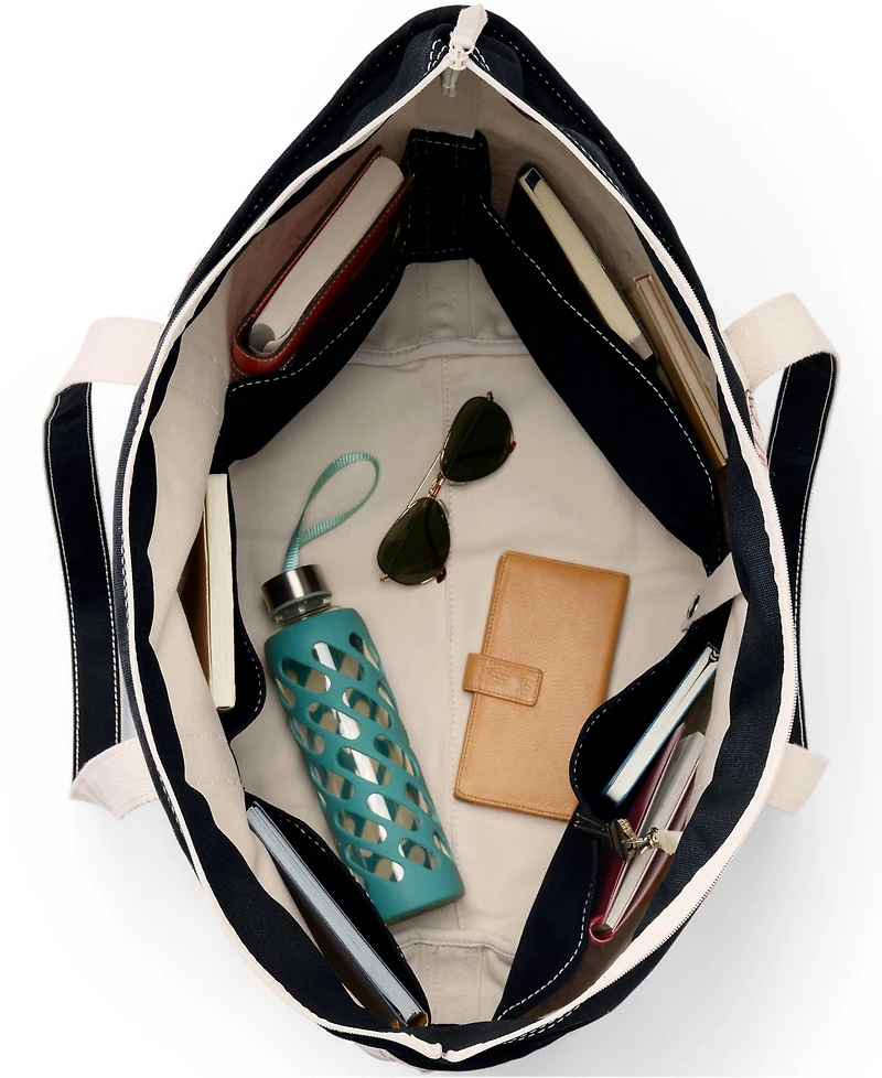 Lands' End Extra Large Print 5 Pocket Zip Top Long Handle Canvas Tote Bag