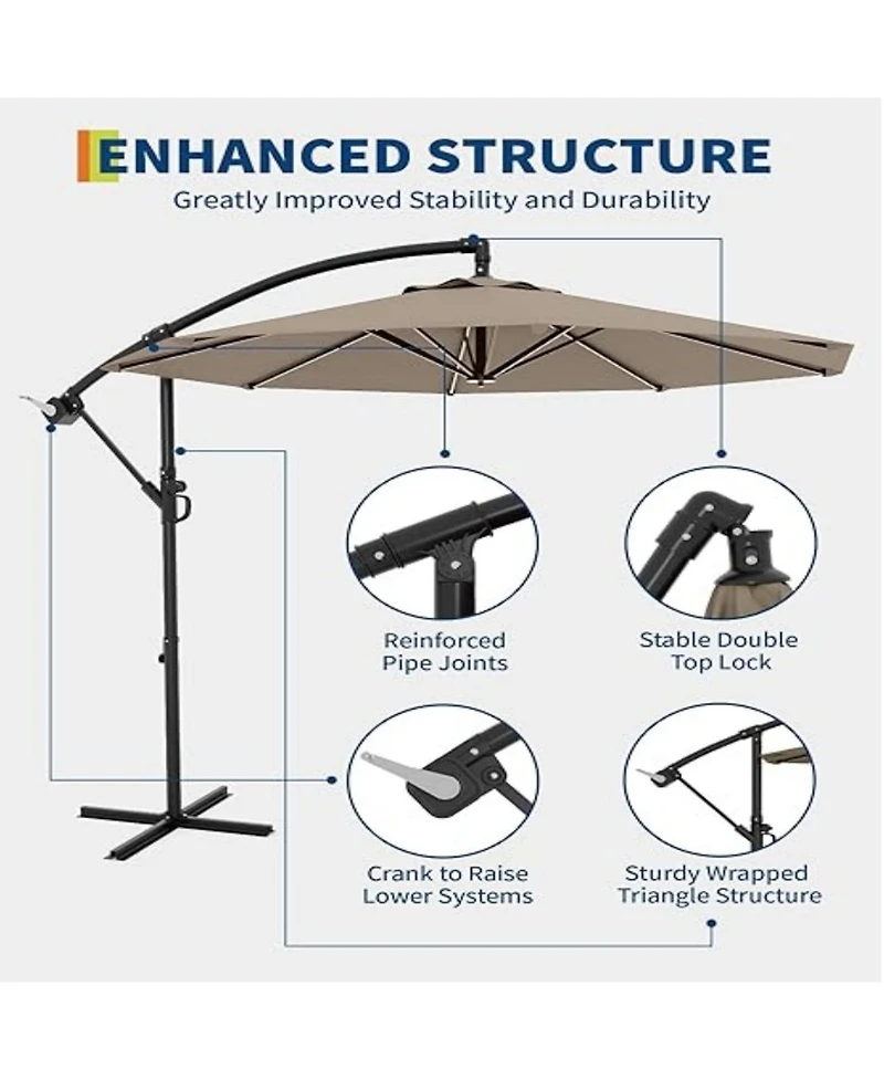 gaomon 10ft Cantilever Hanging Patio Umbrella with Crank & Cross Base