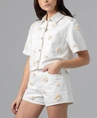 Blank Nyc Women's Sea Shell Applique Detail Collared Cropped Denim Shirt