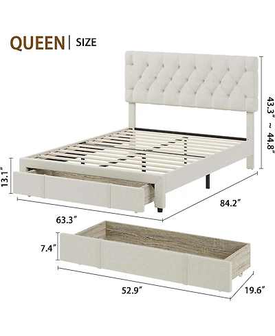Gaomon Queen Upholstered Platform Bed Frame with Storage Drawers Solid Wood Slats No Box Spring Needed