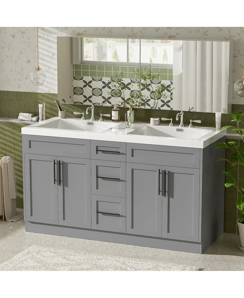 Sillysis Double Sink Bathroom Vanity with Smc Integrated Basin, Soft Close Drawers & Adjustable Shelf for Large Bathrooms