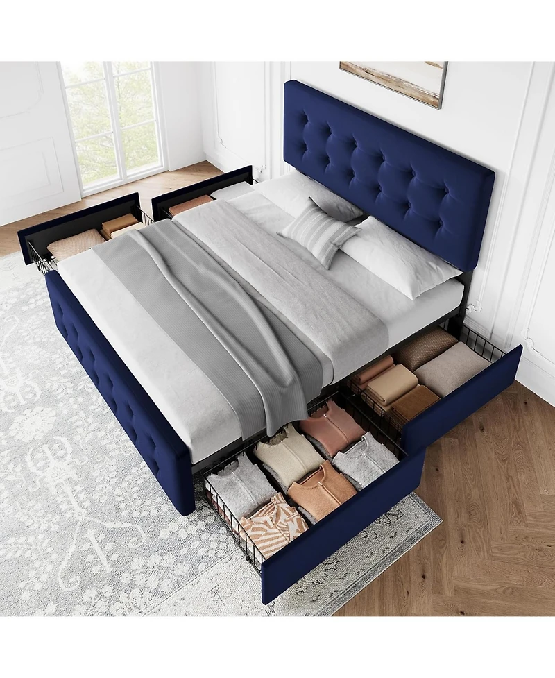 Gaomon Full Size Upholstered Bed Frame with 4 Storage Drawers, Adjustable Linen Headboard, Button Tufted Platform, No Box Spring Needed