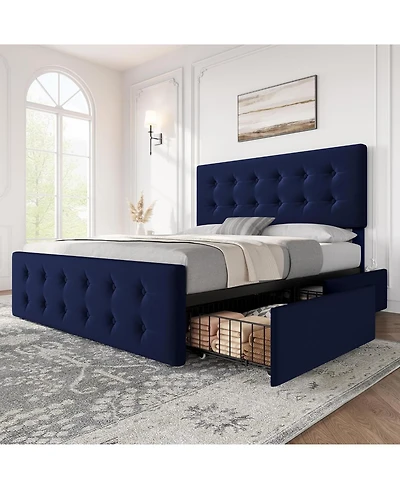gaomon Full Size Faux Leather Upholstered Platform Bed Frame with 4 Storage Drawers, Adjustable Button Tufted Headboard, Wooden Slats