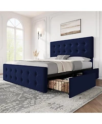 gaomon Full Size Faux Leather Upholstered Platform Bed Frame with 4 Storage Drawers, Adjustable Button Tufted Headboard, Wooden Slats