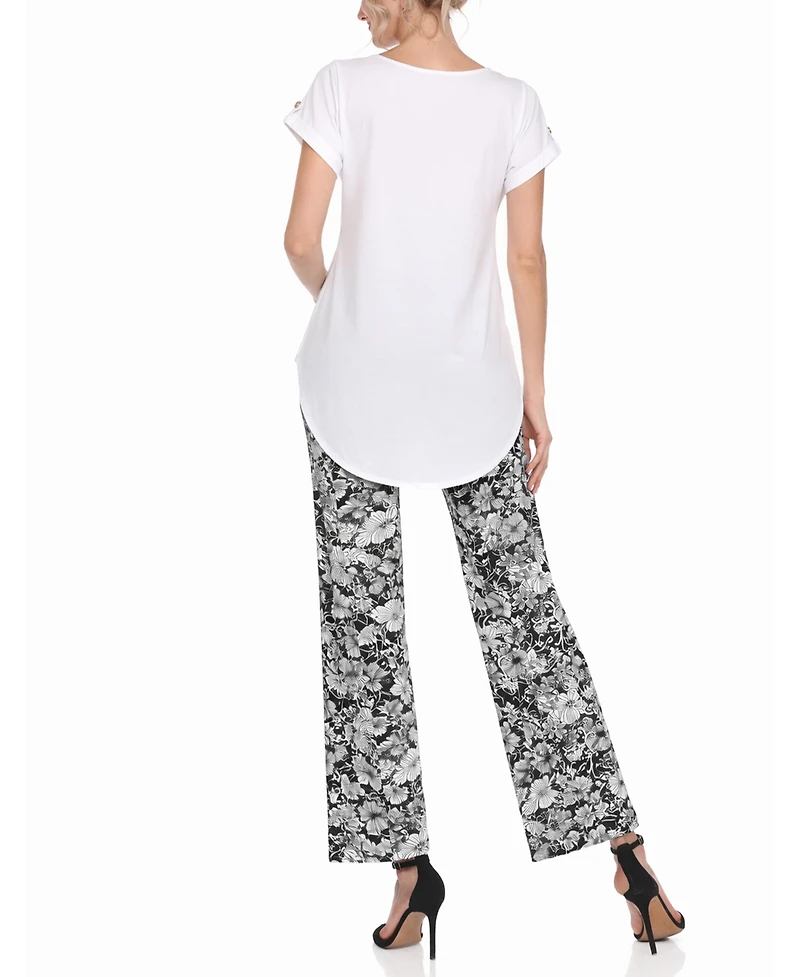 White Mark Women's Folded-Sleeve Top and Printed Pant Two-Piece Set
