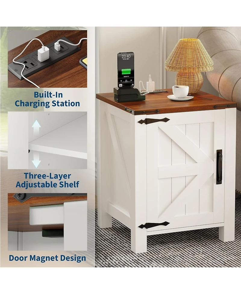 Gaomon Bedside Table with Usb Charging Station – 18" Rustic Bedside Table with Sliding Barn Door, Adjustable Shelf