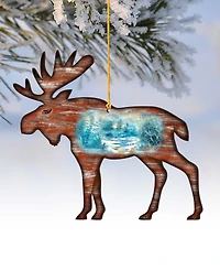Designocracy Woodsy Moose Scenic Wooden Christmas Ornament Set of 2