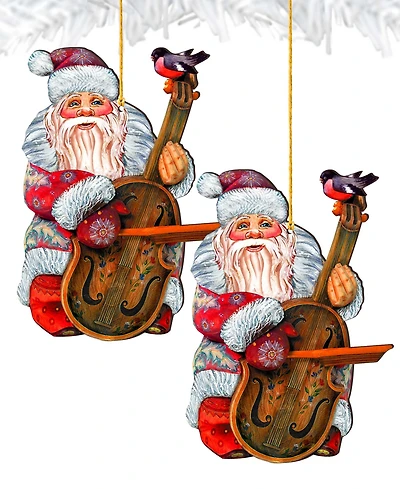 Designocracy Violin Santa Wooden Christmas Ornament, Set of 2
