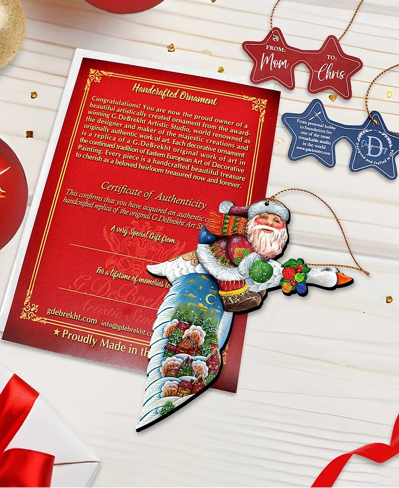Designocracy Goose Traveling Santa Wooden Christmas Ornament, Set of 2