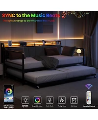 gaomon twin daybed with pop-up trundle, linen upholstery, storage headboard charging ports, Led lights, and durable metal frame