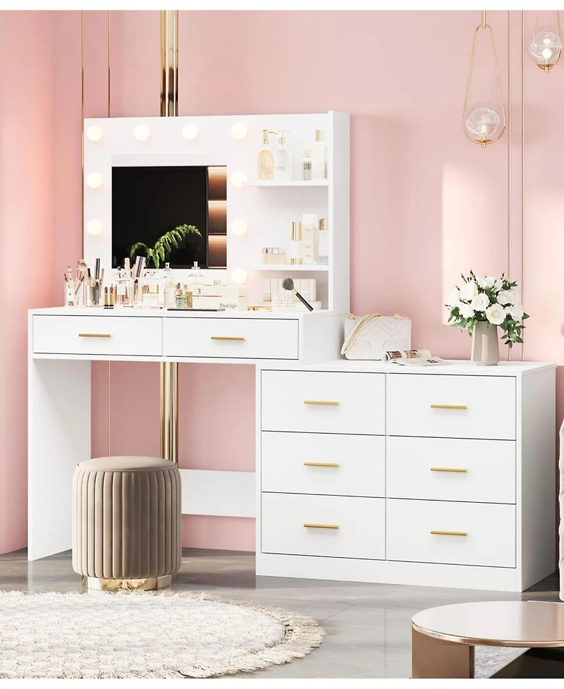 gaomon Vanity Desk with Lighted Mirror, 8 Storage Drawers, Adjustable Lighting, Vanity Table