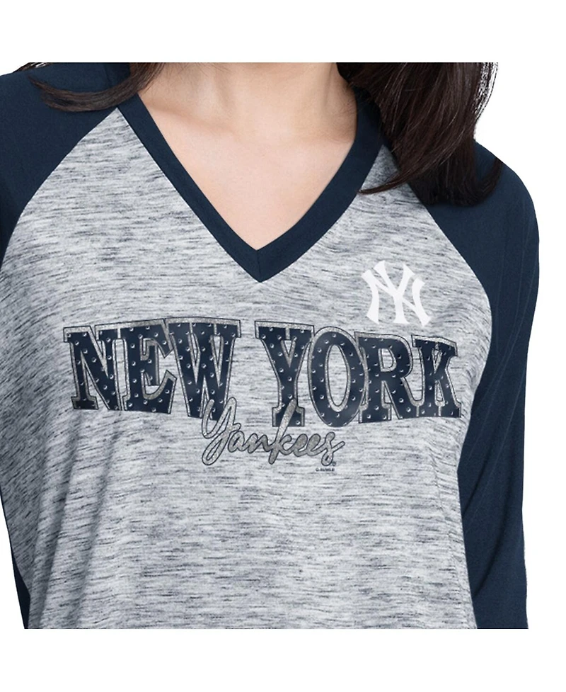 G-iii 4Her by Carl Banks Women's Navy/Heather Navy New York Yankees Speed Training 3/4-Sleeve Rhinestone V-Neck T-Shirt