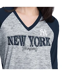 G-iii 4Her by Carl Banks Women's Navy/Heather Navy New York Yankees Speed Training 3/4-Sleeve Rhinestone V-Neck T-Shirt