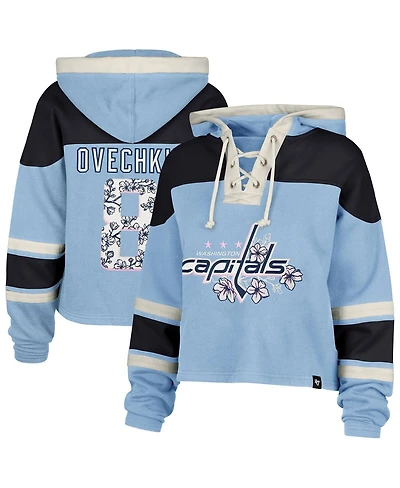 '47 Brand Women's Alexander Ovechkin Light Blue Washington Capitals Cherry Blossom Superior Lacer Cropped Pullover Hoodie