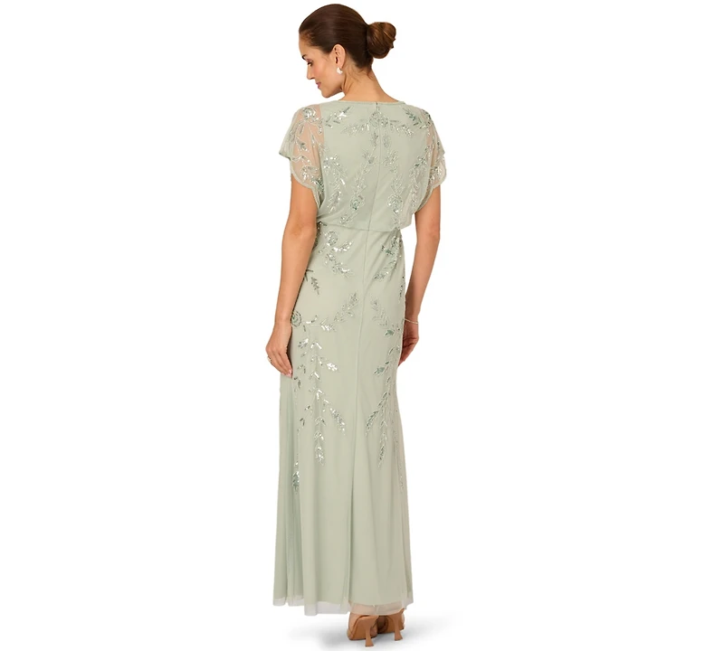 Papell Studio Women's Beaded Flutter-Sleeve Blouson Gown