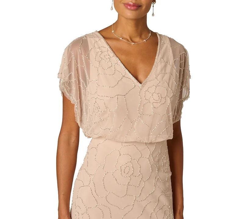 Adrianna Papell Women's Bead Blouson V-Neck Long Dress