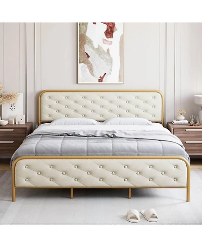 gaomon King Bed Frame with Button Velvet Headboard, Upholstered Tufted Footboard, Heavy Duty Metal Mattress Foundation, Solid Wood Slats Support