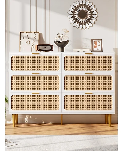 gaomon 6 Drawer Dresser for Bedroom, Large Modern Double Dresser with Wide Top, Rattan Chest of Drawers with Deep Drawers for Living Room Hallway