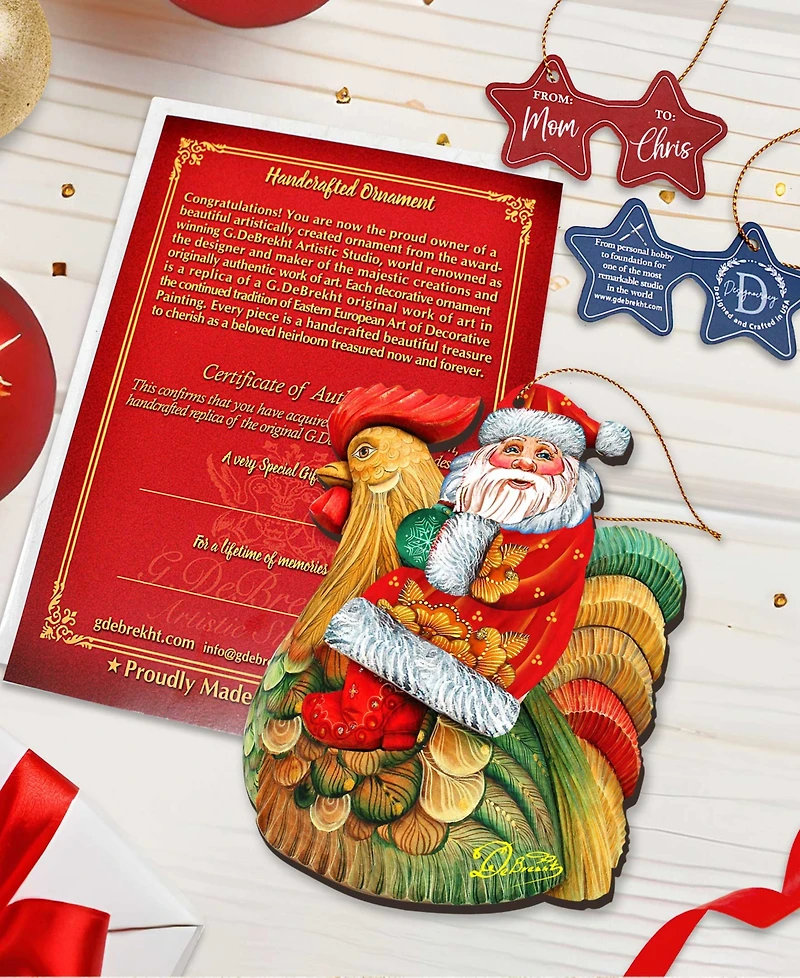 Designocracy Santa Rooster Wooden Christmas Ornament, Set of 2