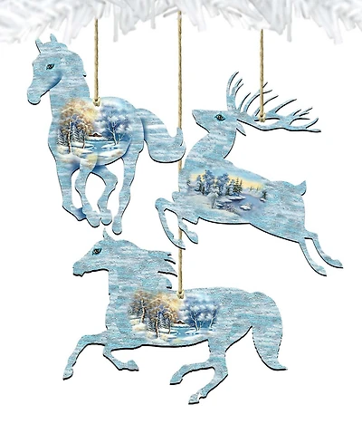 Designocracy Christmas Horse and Deer Wooden Ornaments Wall Decor, Set of 3