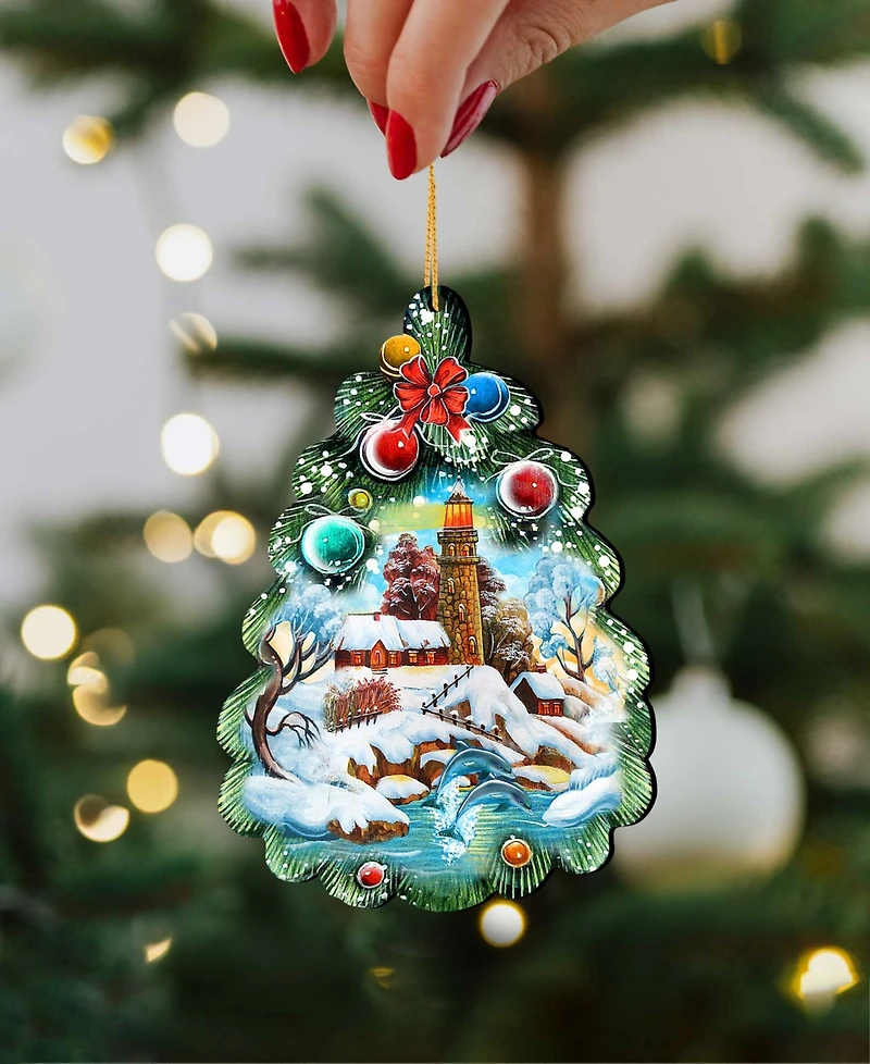 Designocracy Light House Tree Wooden Christmas Ornament Set of 2