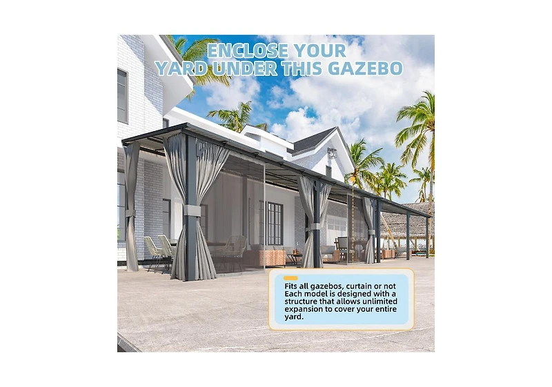 Aecojoy 20'x8' Wall Gazebo with Curtains and Mosquito Netting
