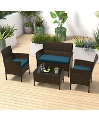 Costway 4 Pc. Patio Furniture Set with Washable Cushions and Tempered Glass Coffee Table
