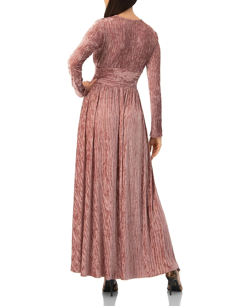 Ivonne Women's Long Velvet Pleated V-Neck Dress