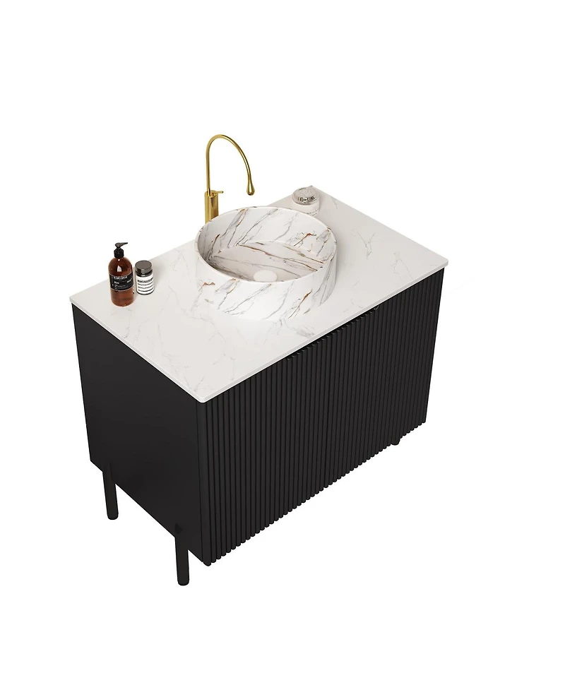 Sillysis Bathroom Vanity with Round Ceramic Sink, Carrara Stone Countertop, 2 Soft Close Doors, Modern Freestanding Storage-Sillysis