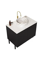 Sillysis Bathroom Vanity with Round Ceramic Sink, Carrara Stone Countertop, 2 Soft Close Doors, Modern Freestanding Storage-Sillysis