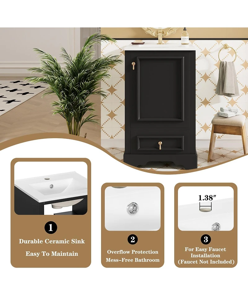 Sillysis 20" Bathroom Vanity with Ceramic Sink, Soft Close Door, Drawer & Adjustable Shelf for Small Spaces