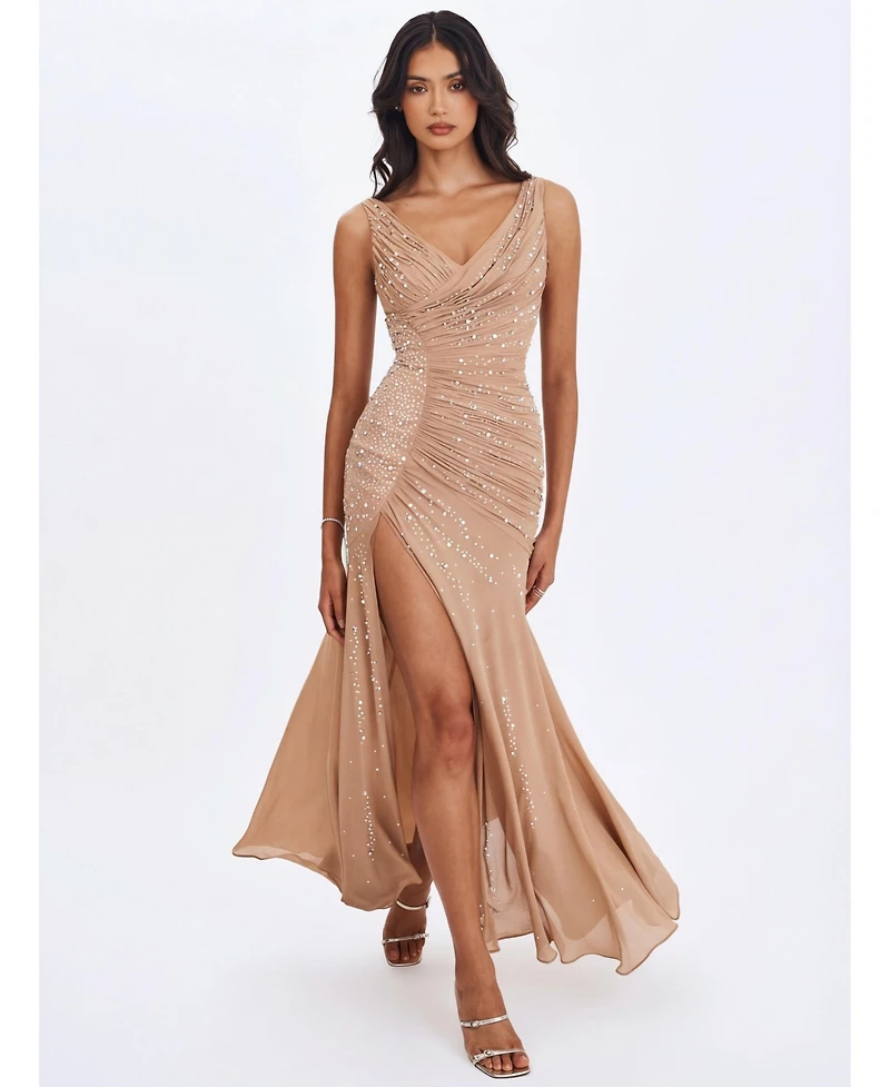 Miss Circle Women's Viveca Apricot Crystal-Embellished Asymmetrical Ruched Maxi Dress