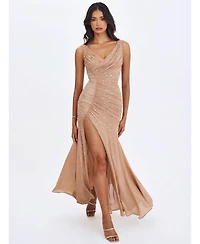 Miss Circle Women's Viveca Apricot Crystal-Embellished Asymmetrical Ruched Maxi Dress