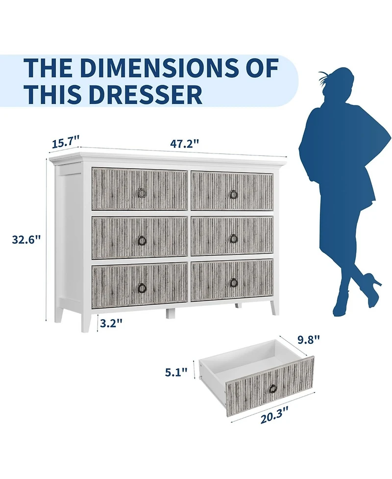 gaomon 6 Drawer Fluted Dresser for Bedroom, Modern Wave Panel Chest with Round Handles, Wood Storage Organizer, 47.2" Wide