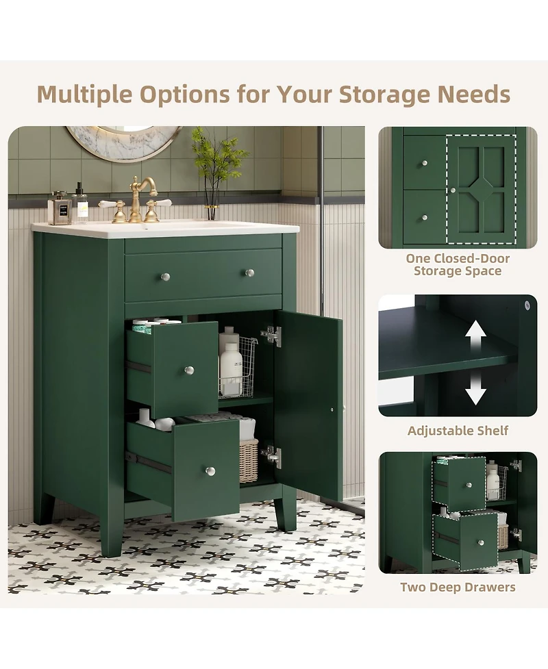 Sillysis 24" Bathroom Vanity with Ceramic Basin, Modern Cabinet with 2 Drawers, Soft-Closing Door & Adjustable Shelf for Small Bathrooms