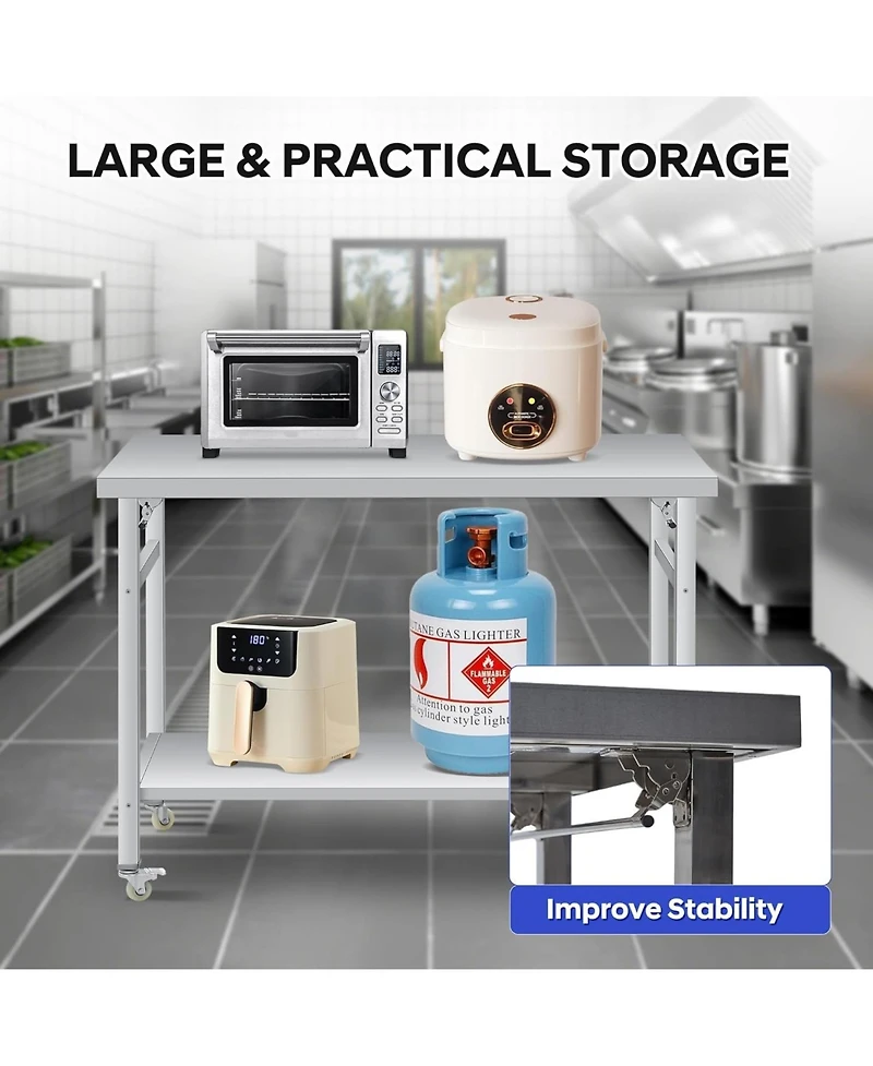 gaomon Folding Stainless Steel Table Commercial Work Table with Casters & Undershelf for Home & Restaurant